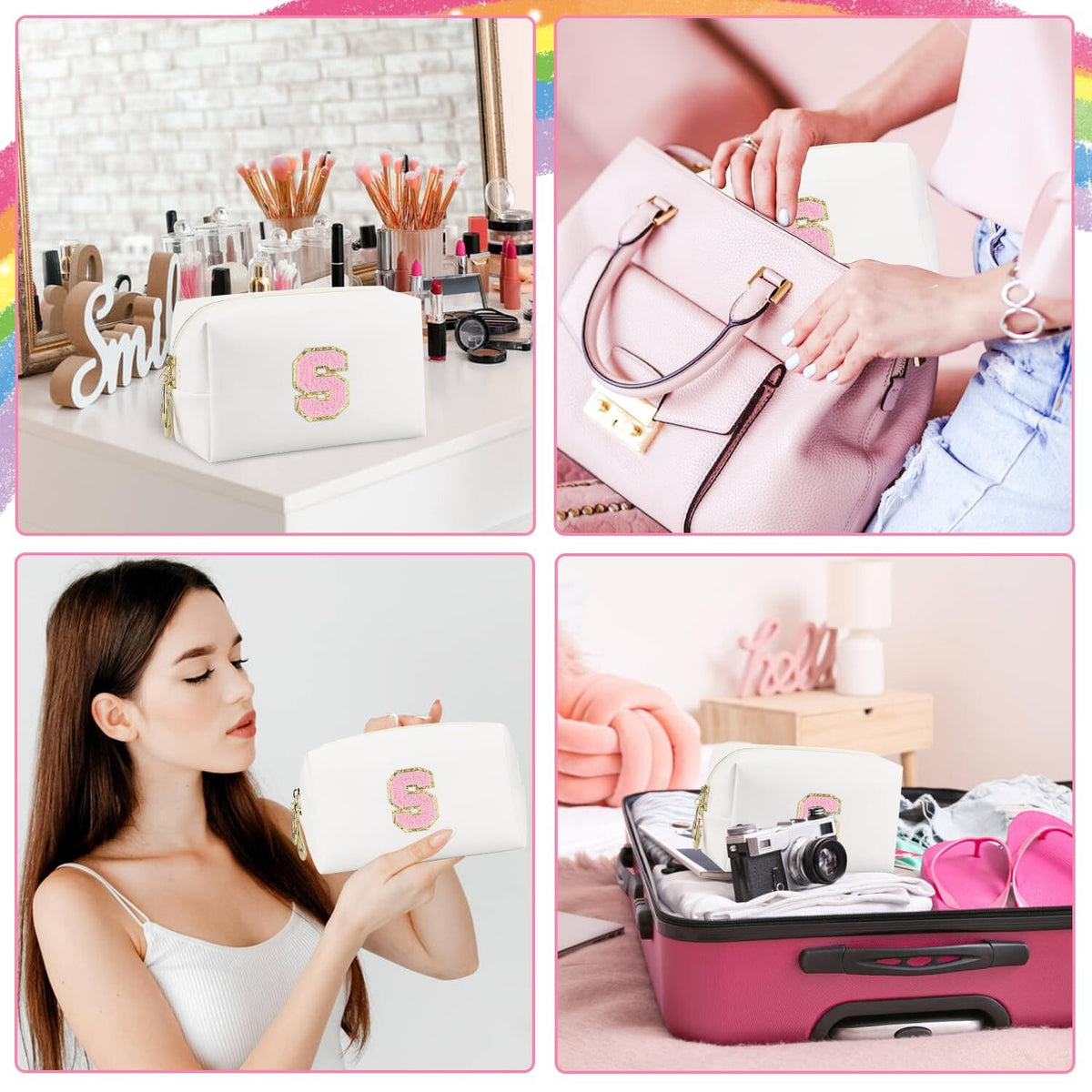 Personalized Waterproof PU Leather Makeup Bag with Initial Letter S - Travel Cosmetic Case for Women & Girls
