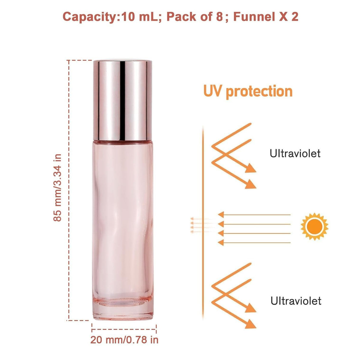 Glass Roller Bottles Set with Rose Gold Caps - 8 Pack 10ml Travel Essential Oil Containers
