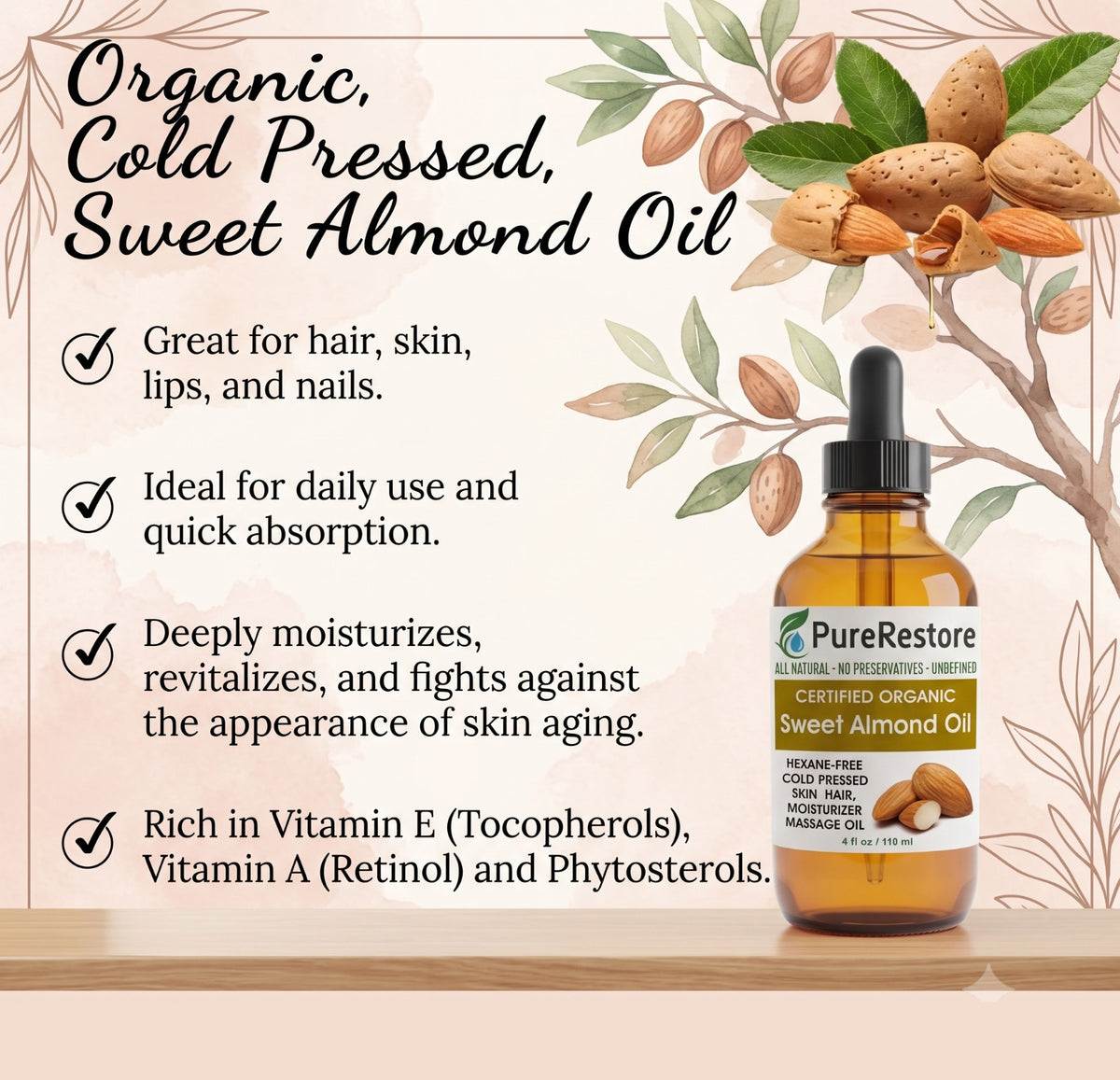 Organic Sweet Almond Oil - 100% Pure Cold-Pressed Body & Hair Oil