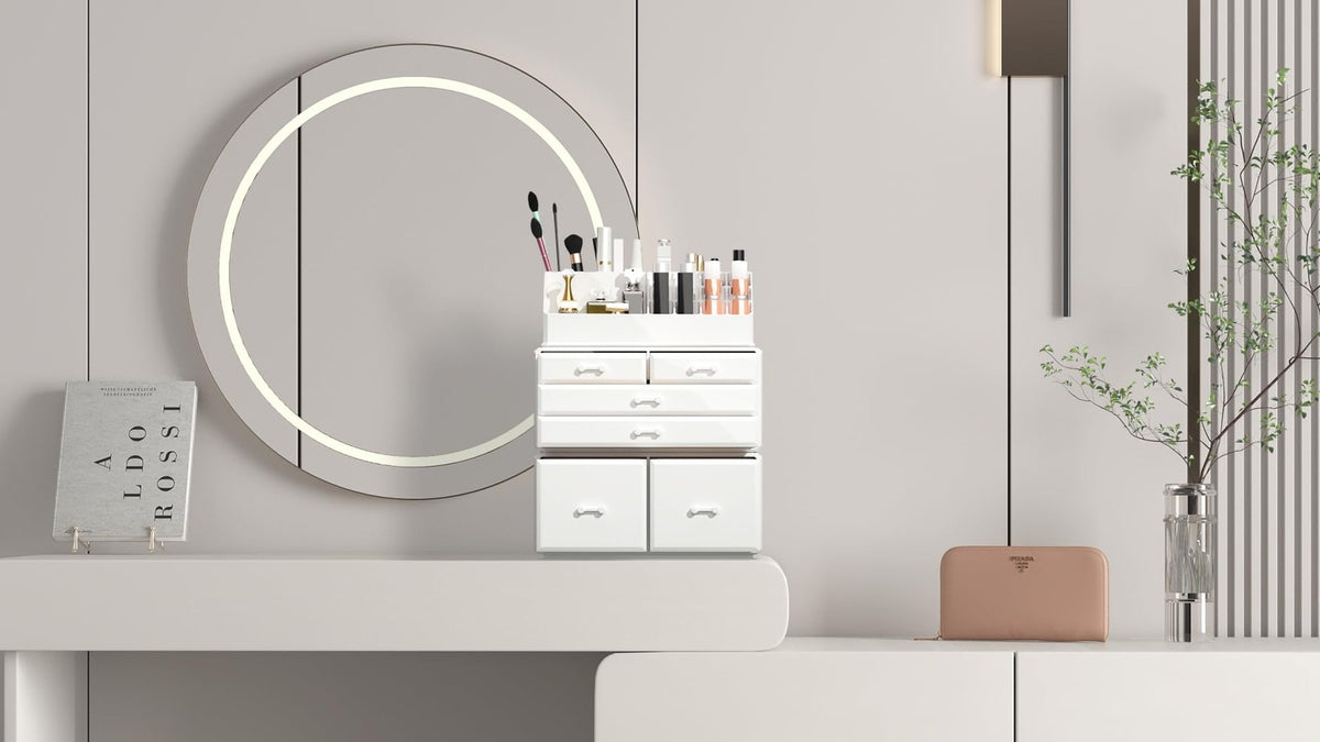 White Makeup Organizer with 6 Drawers and Compartments - 3-Piece Storage Case