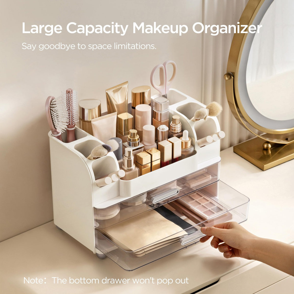 Large Makeup Organizer with Brush Holder - Vanity Storage, White