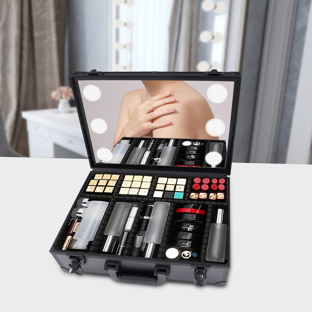 LED Lighted Travel Makeup Bag with Mirror and Storage
