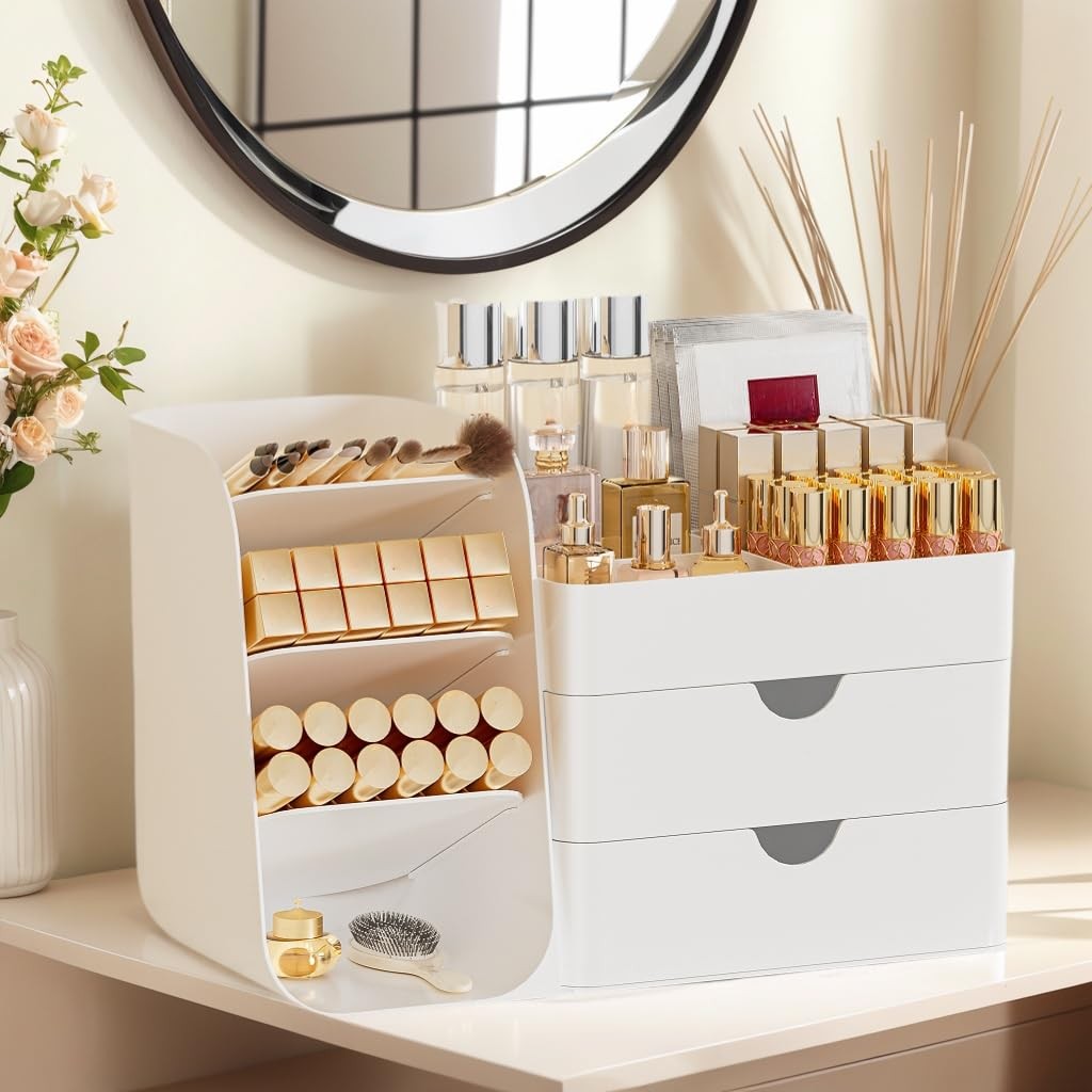 White Makeup Organizer with 2 Drawers and Brush Holders - Cosmetic Storage Case