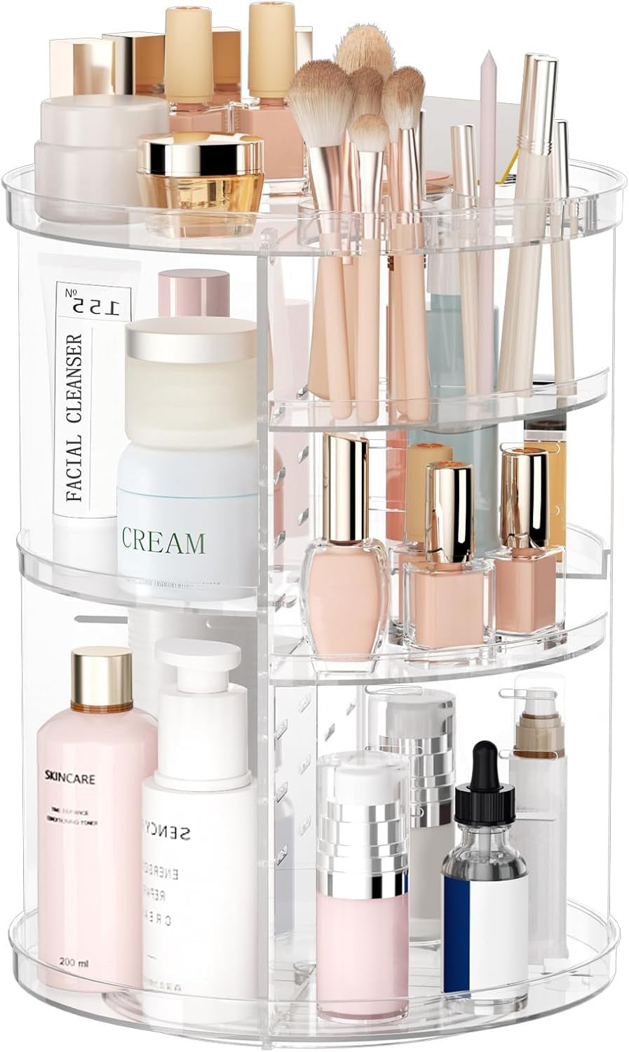 Rotating Makeup Organizer with Adjustable Layers and Brush Holders – 360° Silent Spin
