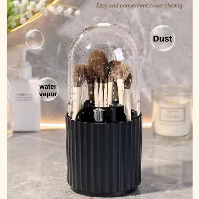 Rotating Makeup Brush Organizer with Lid - 360° Spin Storage