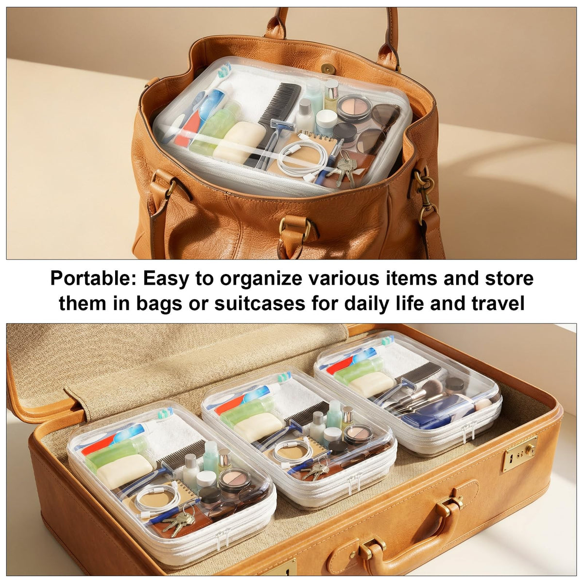Large Clear Hard Shell Zipper Organizer Cases 3-Pack Waterproof Travel Storage