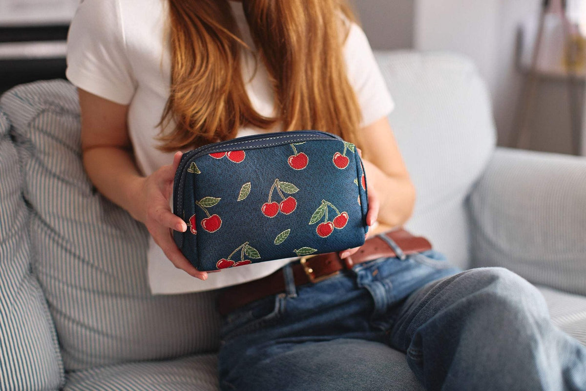 Travel Cosmetic Bag with Cherry Design - Blue Tapestry & Vegan Leather Trim