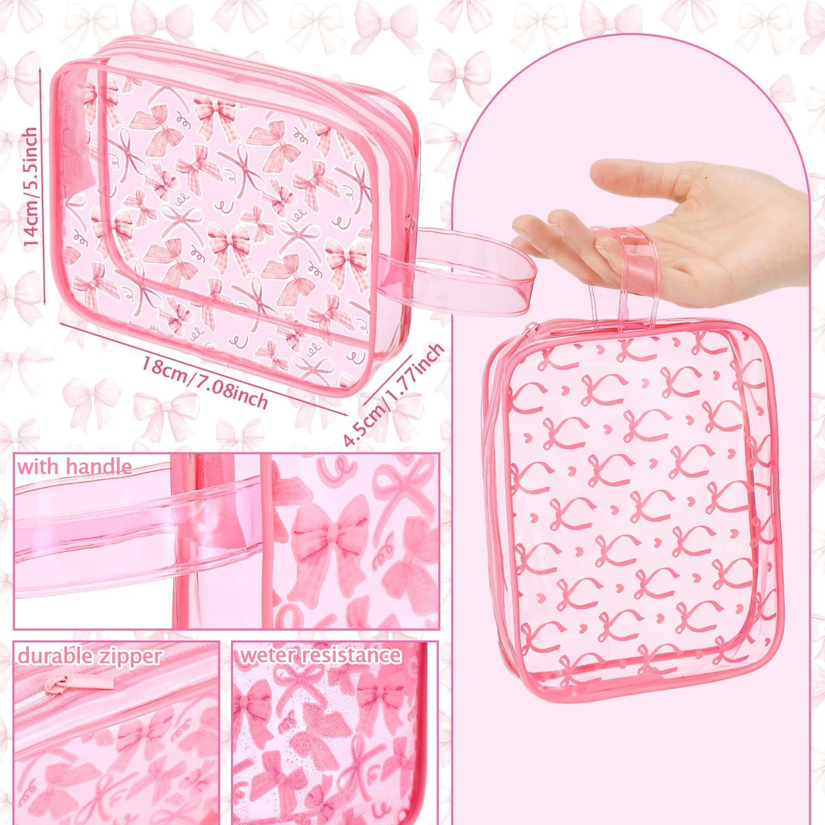 6-Piece Pink Bow Makeup Bags Set | Coquette Cosmetic Travel Pouches