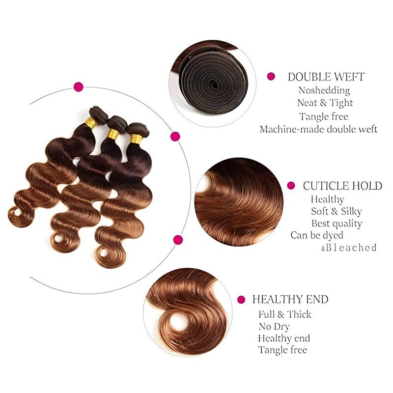 Ombre Body Wave Human Hair Bundles - Virgin 3-Piece Set 10-14 Inches