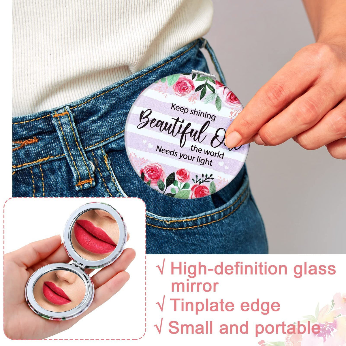 Set of 10 Floral Inspirational Compact Pocket Mirrors for Women & Girls