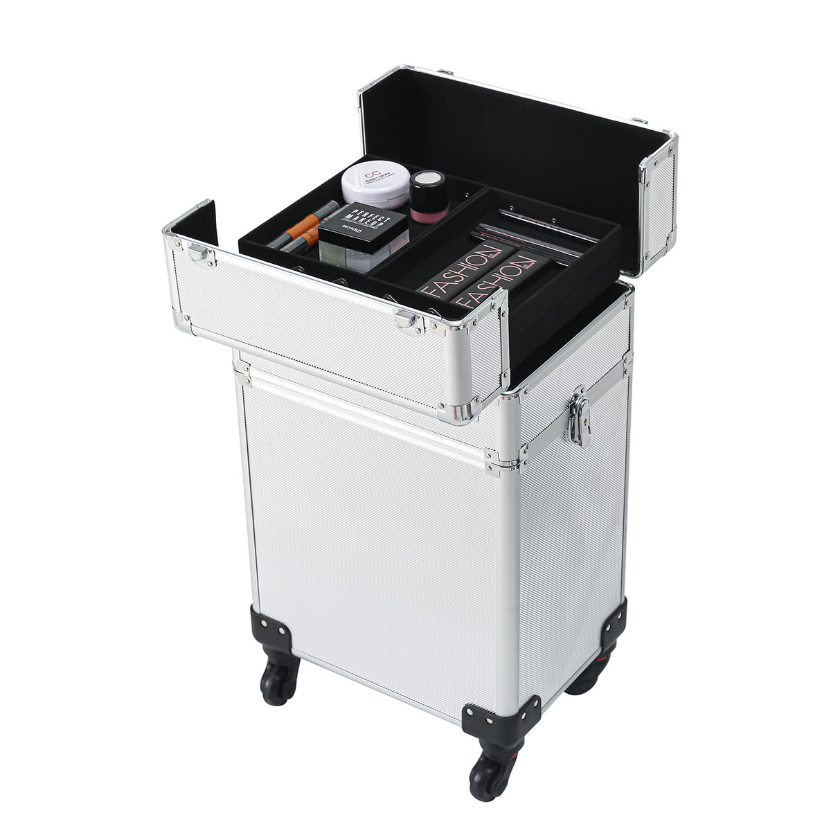 4-in-1 Aluminum Rolling Makeup Case with Draw-Bar Interchangeable Compartments