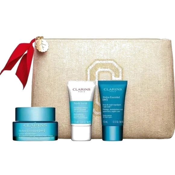 Clarins Hydra-Essentiel Skincare Set with Moisturizer, Scrub & Pouch