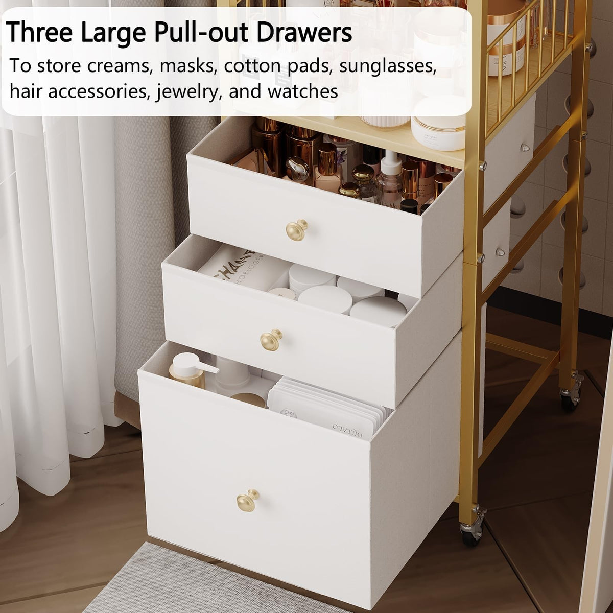 Gold Makeup Organizer Cart with 3 Drawers & Open Shelves for Vanity Storage
