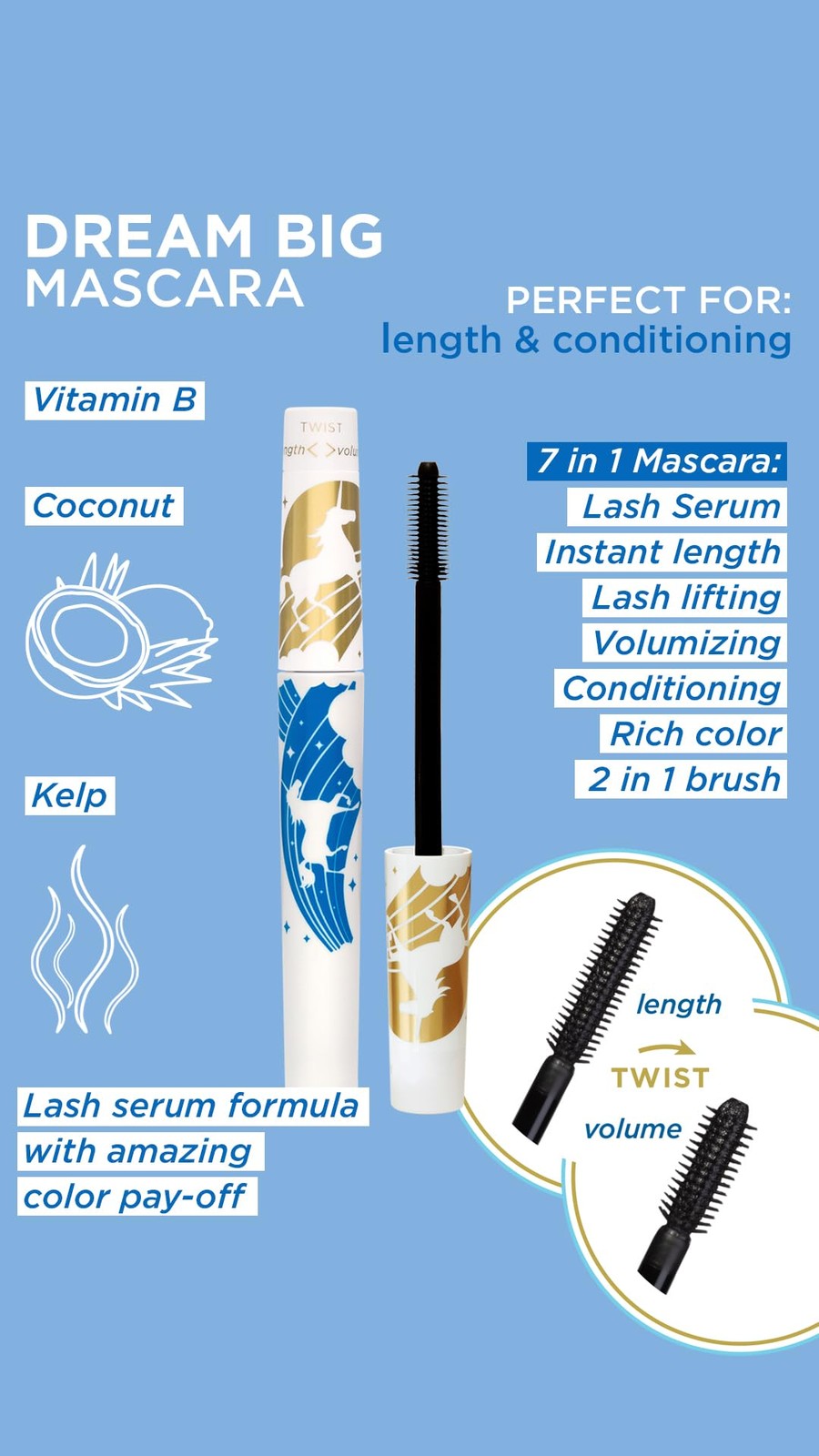 Vegan Lash Extending Mascara with Natural Plant Fibers - 7-in-1 Conditioning, Lengthening & Volumizing Black Magic