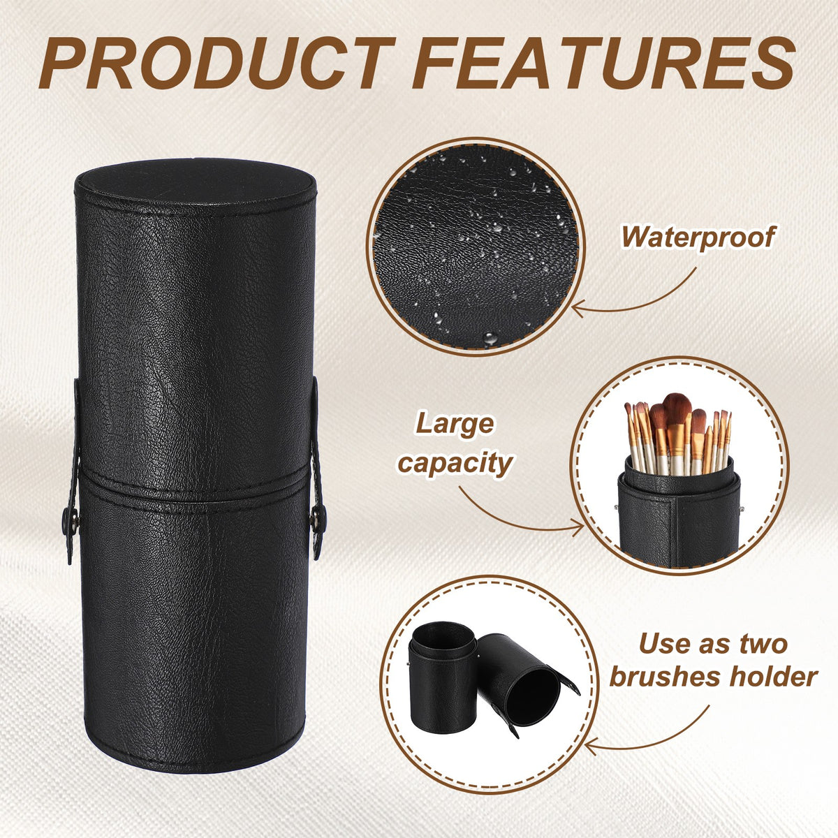 Portable Makeup Brush Holder with Strap - Waterproof PU Leather Black