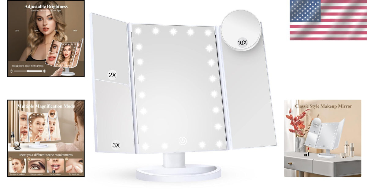 Trifold LED Makeup Mirror with 10X & 3X Magnification, Adjustable Brightness