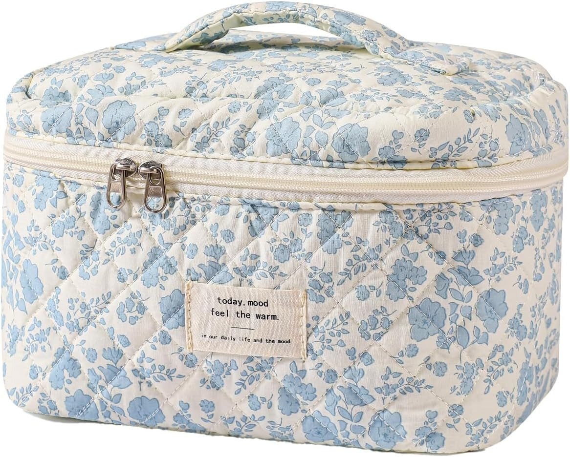 Large Floral Quilted Makeup Bag for Women, Travel Cosmetic Organizer
