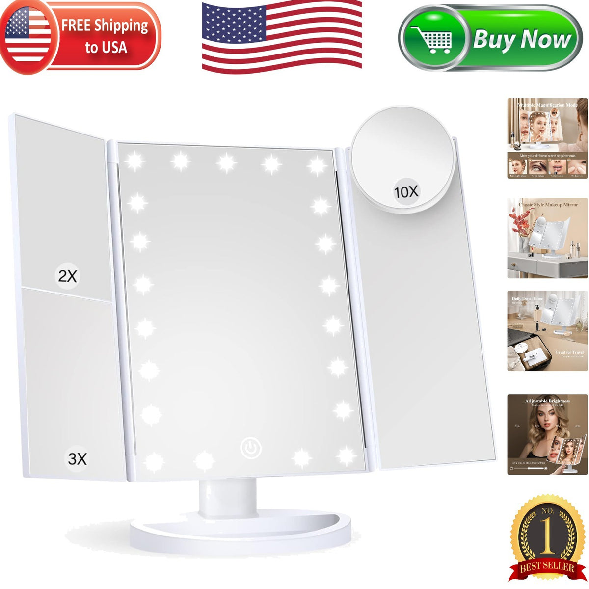 Trifold LED Makeup Mirror with 10X & 3X Magnification, Adjustable Brightness