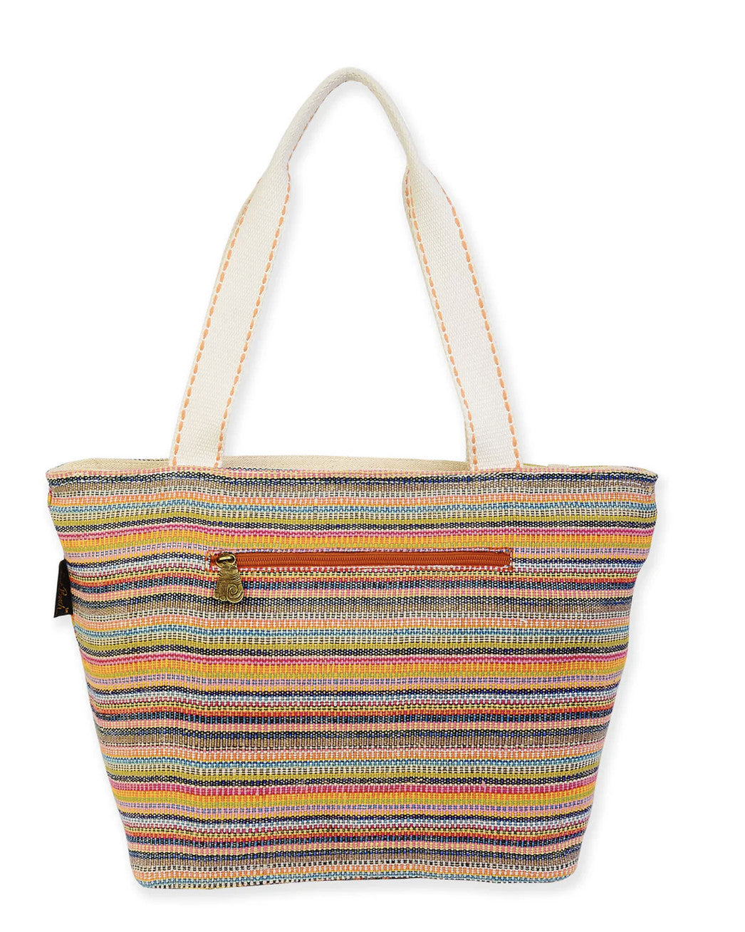 Rainbow Stripes Canvas Shoulder Tote Bag with Cat Applique - 17 Inch