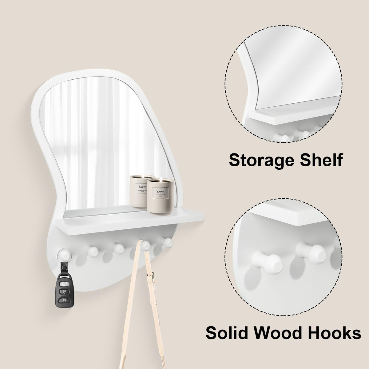 Wall Mount Wood Frame Irregular Mirror with Shelf & Hooks for Entryway, Bedroom, Living Room