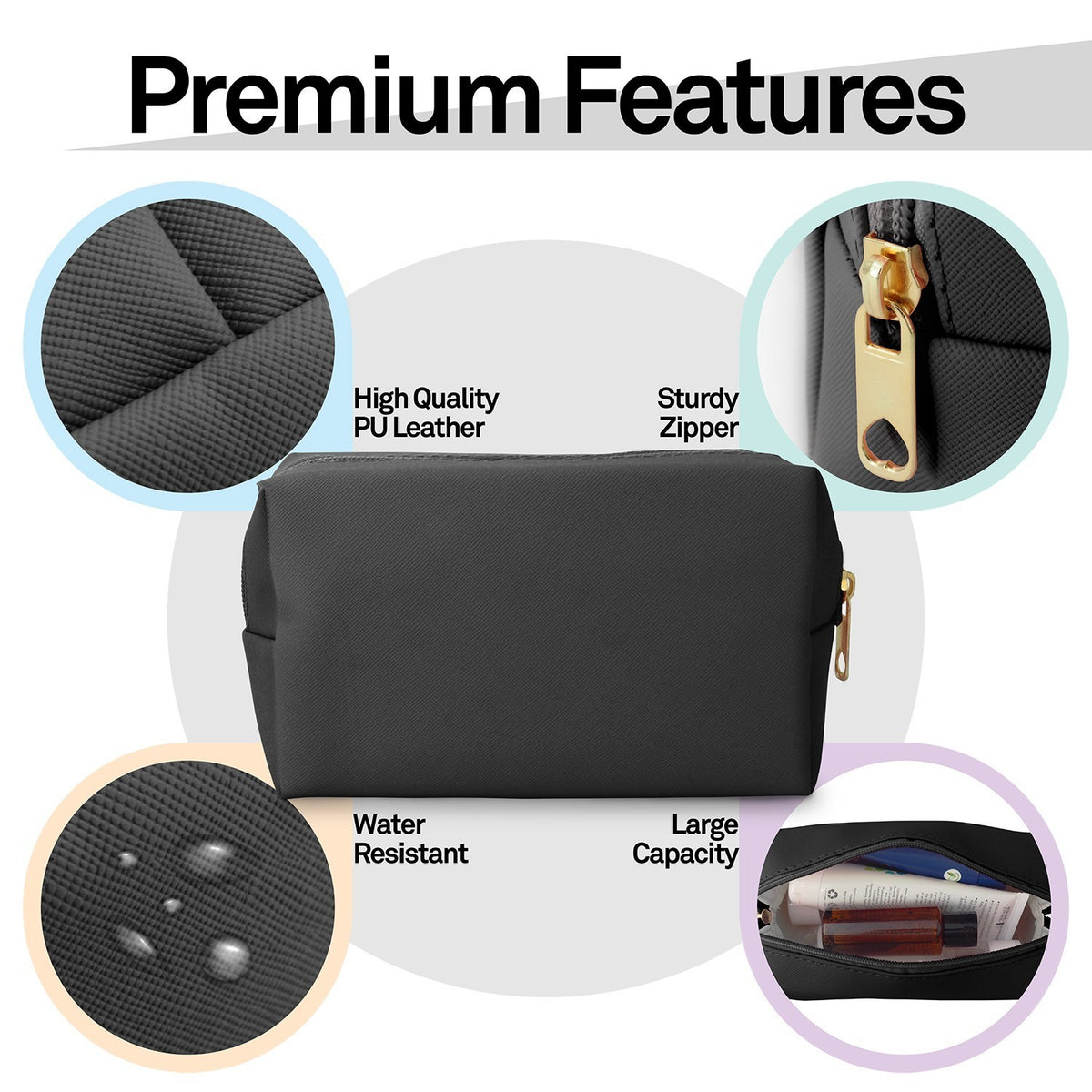 Water-Resistant Leather Makeup Bag Travel Cosmetic Pouch Small Toiletry Organizer
