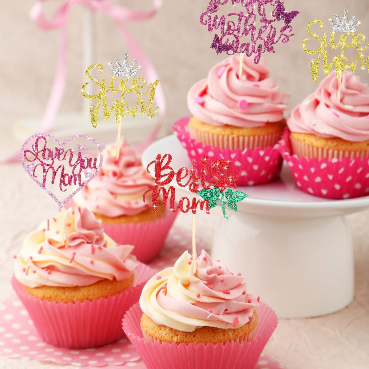 60 Pcs Happy Mother's Day Cupcake Toppers Glitter Cake Decorations - Multicolor