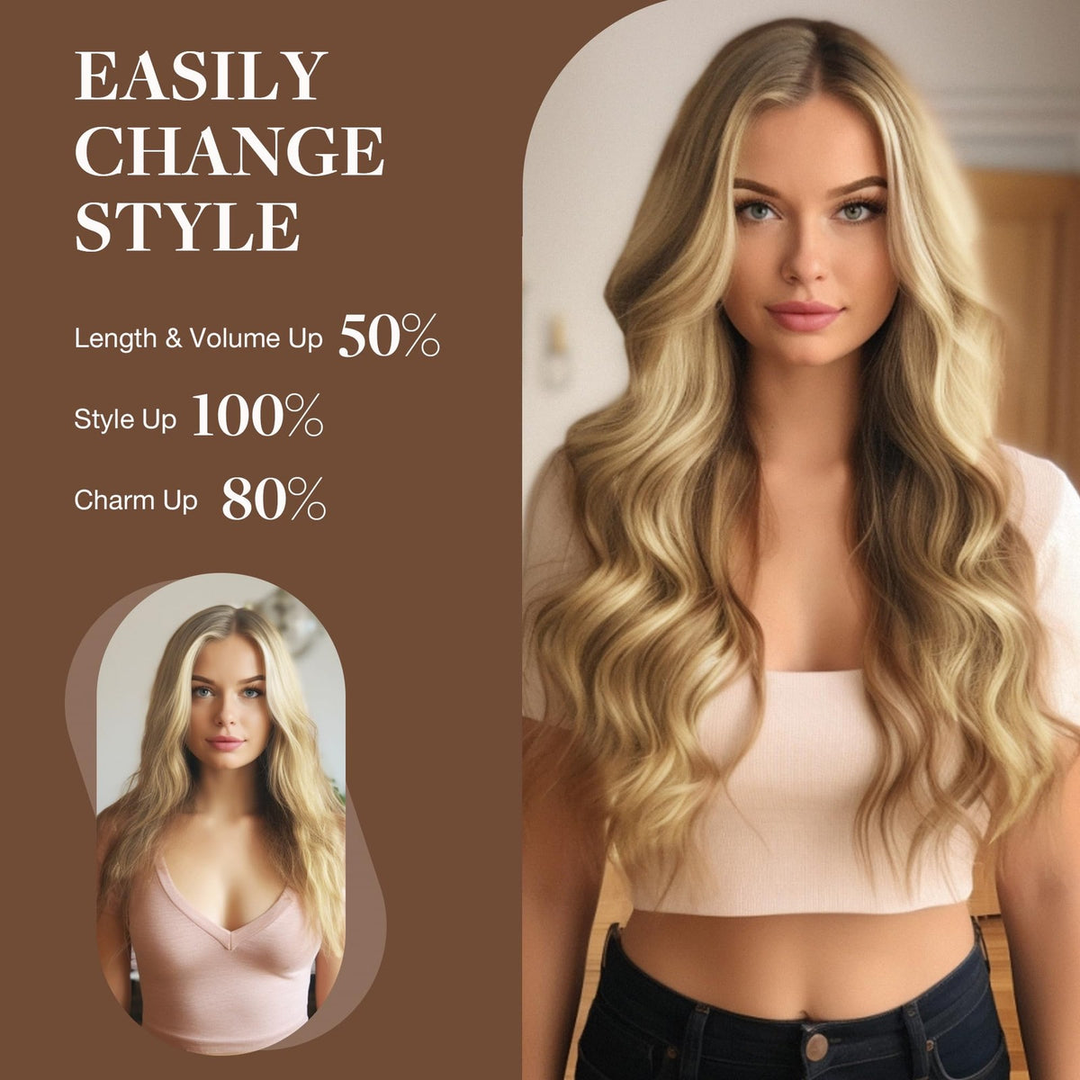 14 Inch Human Hair Extensions - Remy Silk Wire Hairpiece, Natural Color