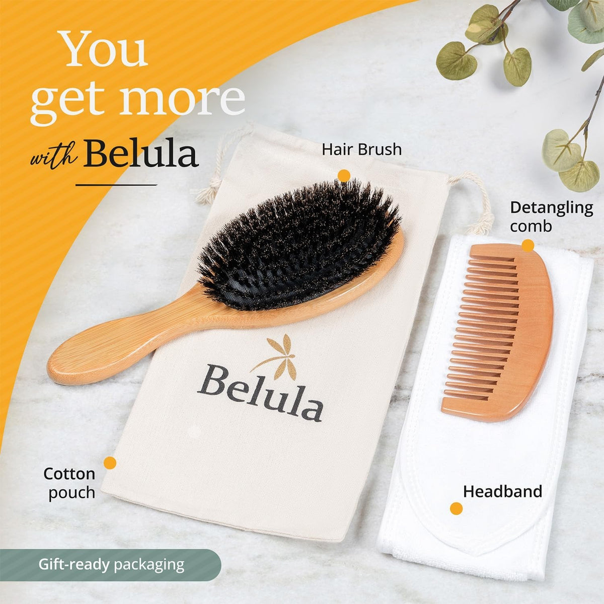 Boar Bristle Hair Brush Set for Fine Hair with Comb & Headband - Natural Shine & Frizz Control