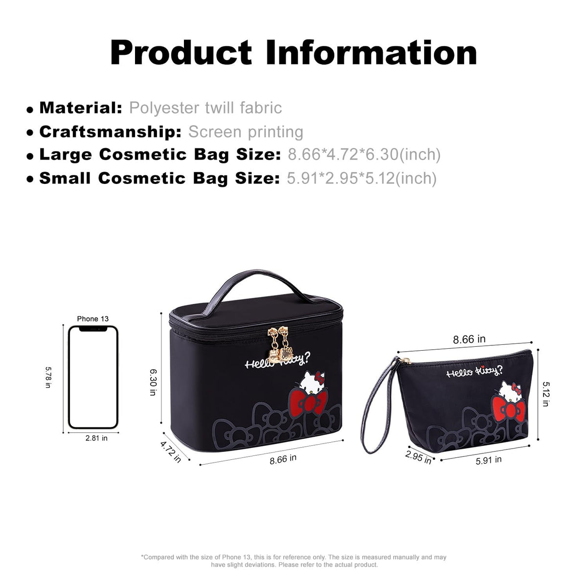 Large Waterproof Travel Makeup Bag Set with Matching Wrist Pouch - Black 2PCS