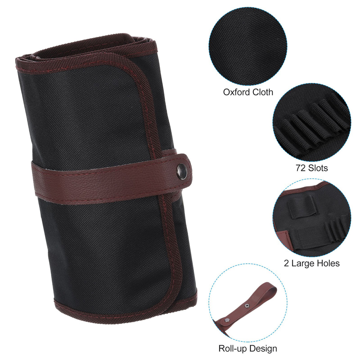 72 Slot Roll-Up Pencil Case - Oxford Cloth Art & Office Organizer, Brown/Black