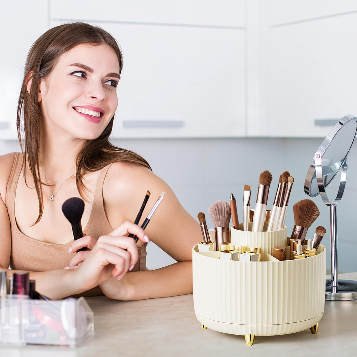 360° Rotating Makeup Brush Organizer Cup with 5 Slots - Vanity Storage