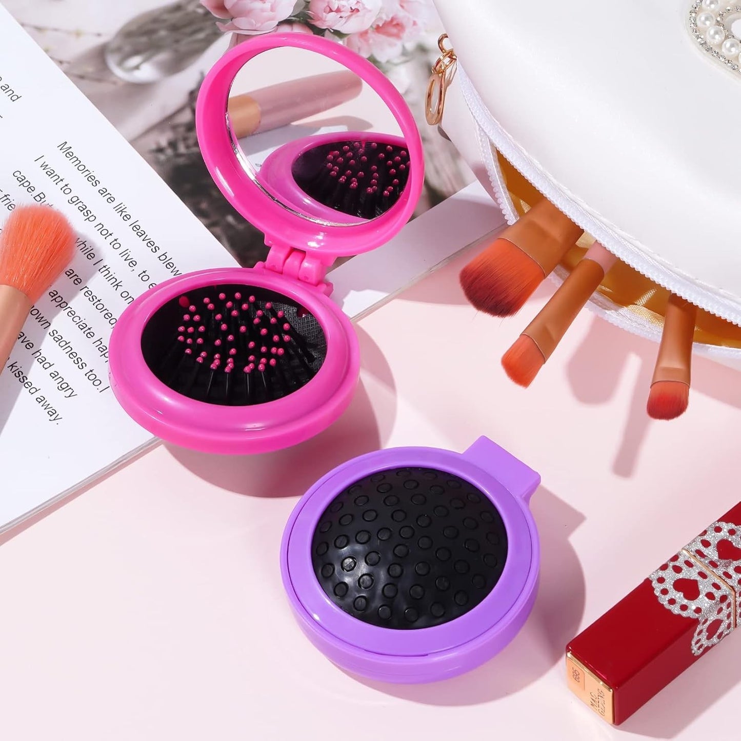 2pcs Folding Travel Hair Brushes Round Mirror Compact Rose Red & Purple