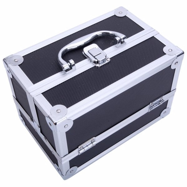 Portable Aluminum Makeup Storage Bag with Mirror & Key - Black
