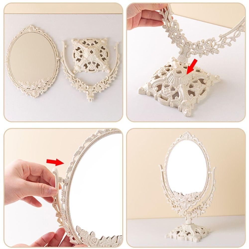 Retro Double Sided Tabletop Makeup Mirror - Oval, 8.7 x 7.5 Inches, Beige