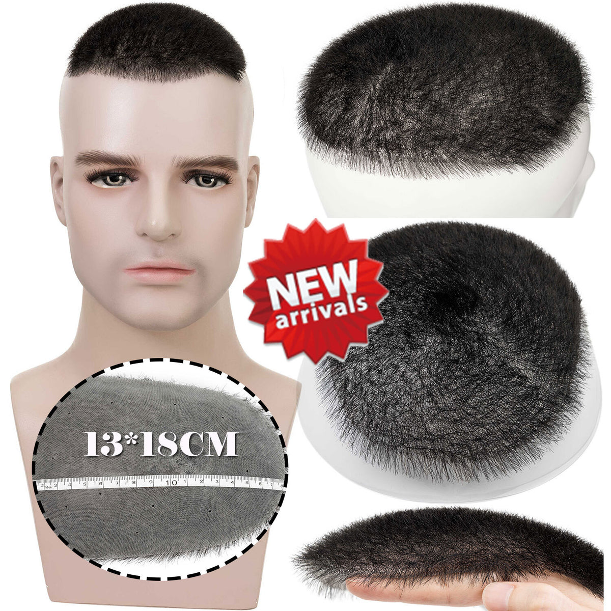 Men's Buzz Cut Human Hair Toupee Skin PU Natural Black Wiglet - Multiple Variants