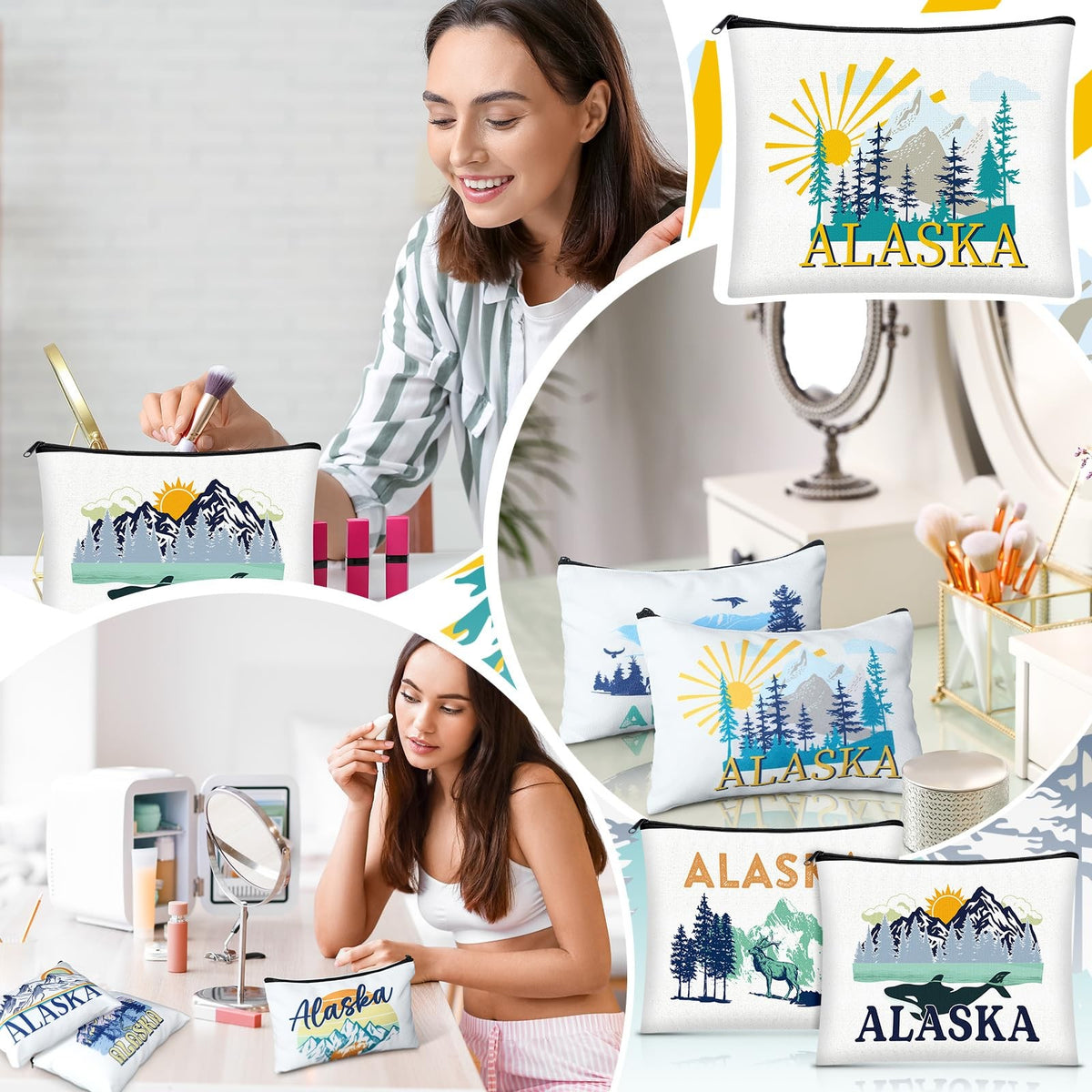 9-Pack Alaska Souvenir Cosmetic Bags Canvas Zipper Pouches Gift Set