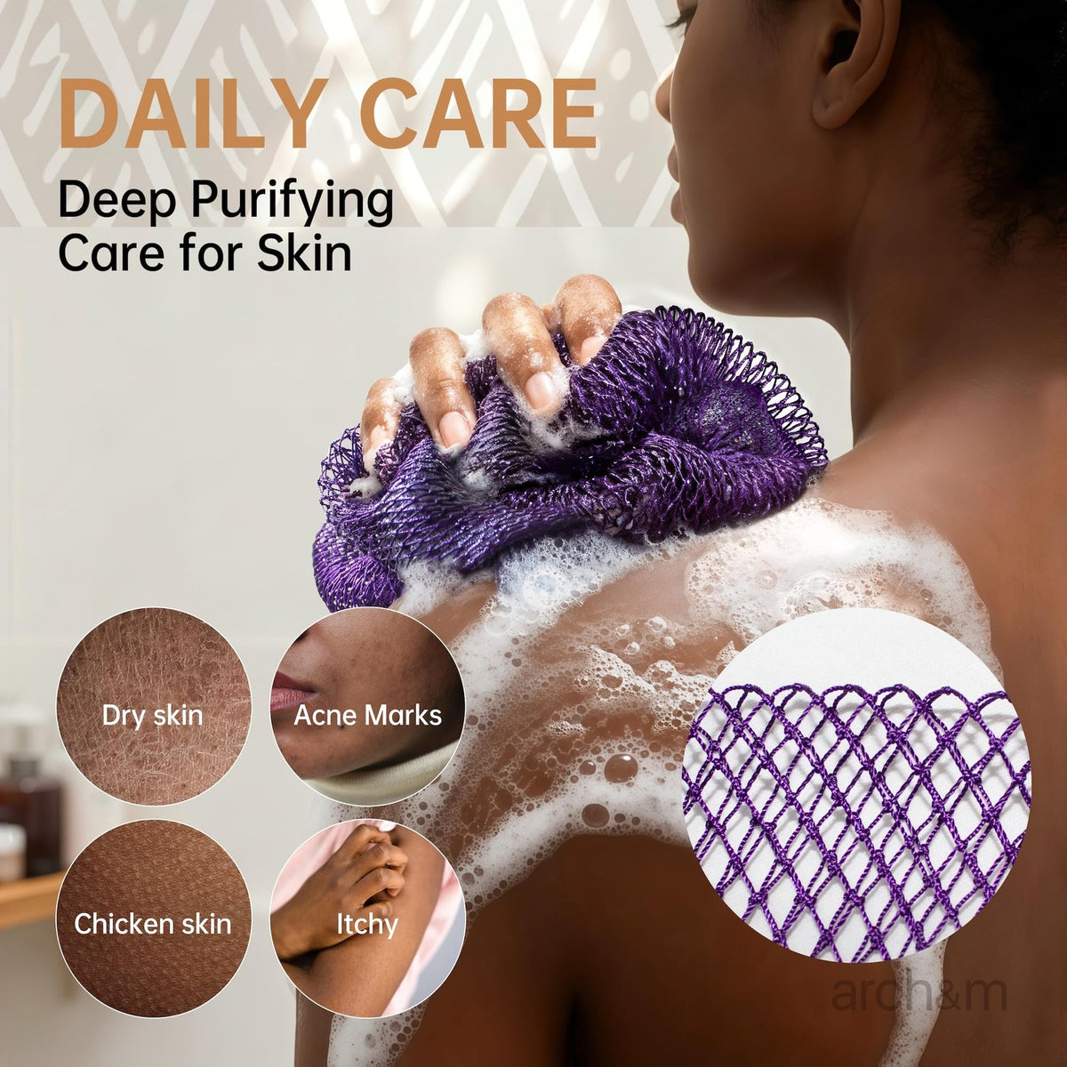 African Net Sponge for Exfoliation and Back Reach - Purple & Pink