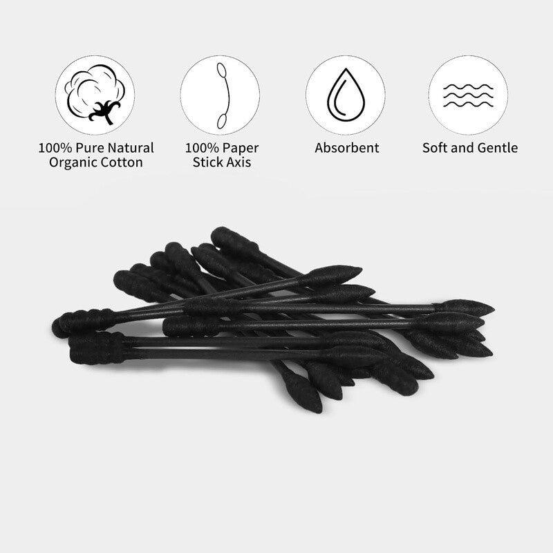 Organic Cotton Swabs with Spiral Tip - Lint-Free, Charcoal Infused, 200 Count