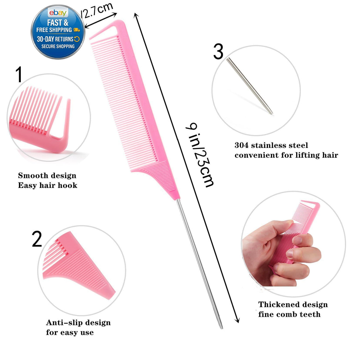 Hair Styling Comb Set with Fine Teeth and Metal Rat Tail - Multiple Colors