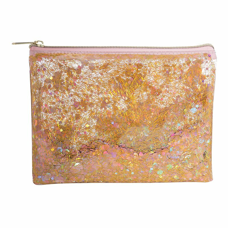 Pink and Gold Sparkle Vinyl Makeup Bag - Cosmetic Accessories Organizer