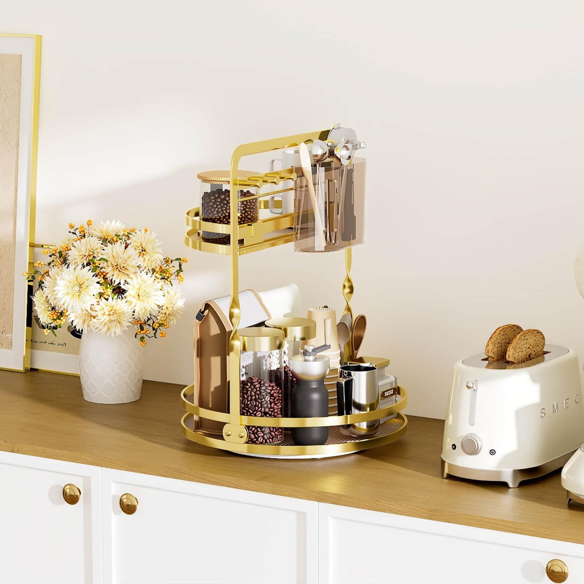 Rotating Makeup Organizer with 2-Tier Storage and Jewelry Hooks - Gold