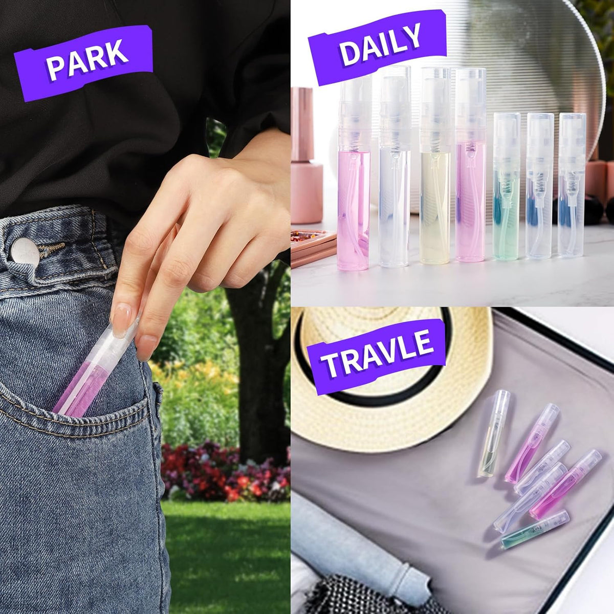 Mini Spray Bottles Set 2 Sizes 3ml & 5ml Leak-Proof Refillable Plastic