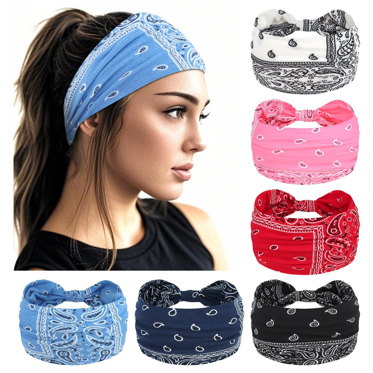 YARIEW Boho Wide Bandana Headbands - 1 Count (Pack of 6),