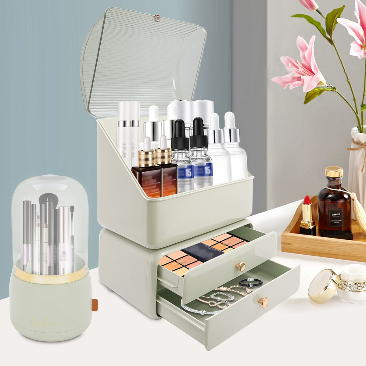 Green Makeup Organizer with Drawers & Brush Holder - Dust Protection