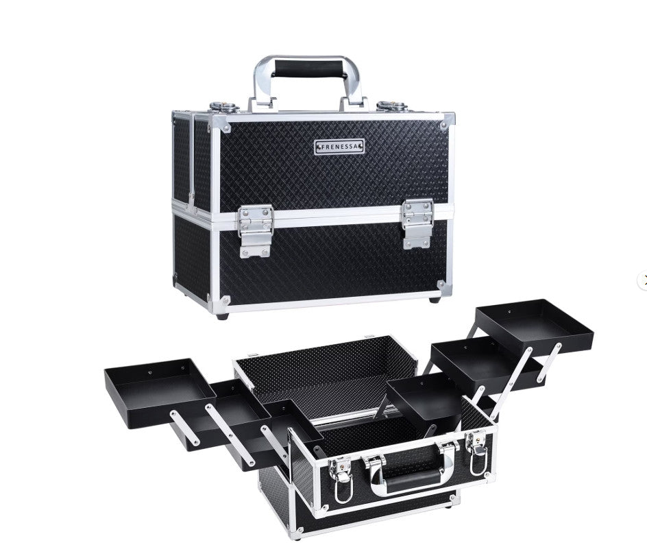 Portable Makeup Organizer Case with 6-Tier Rose Gold Compartments - Travel-Friendly, Durable Storage for Cosmetics & Accessories