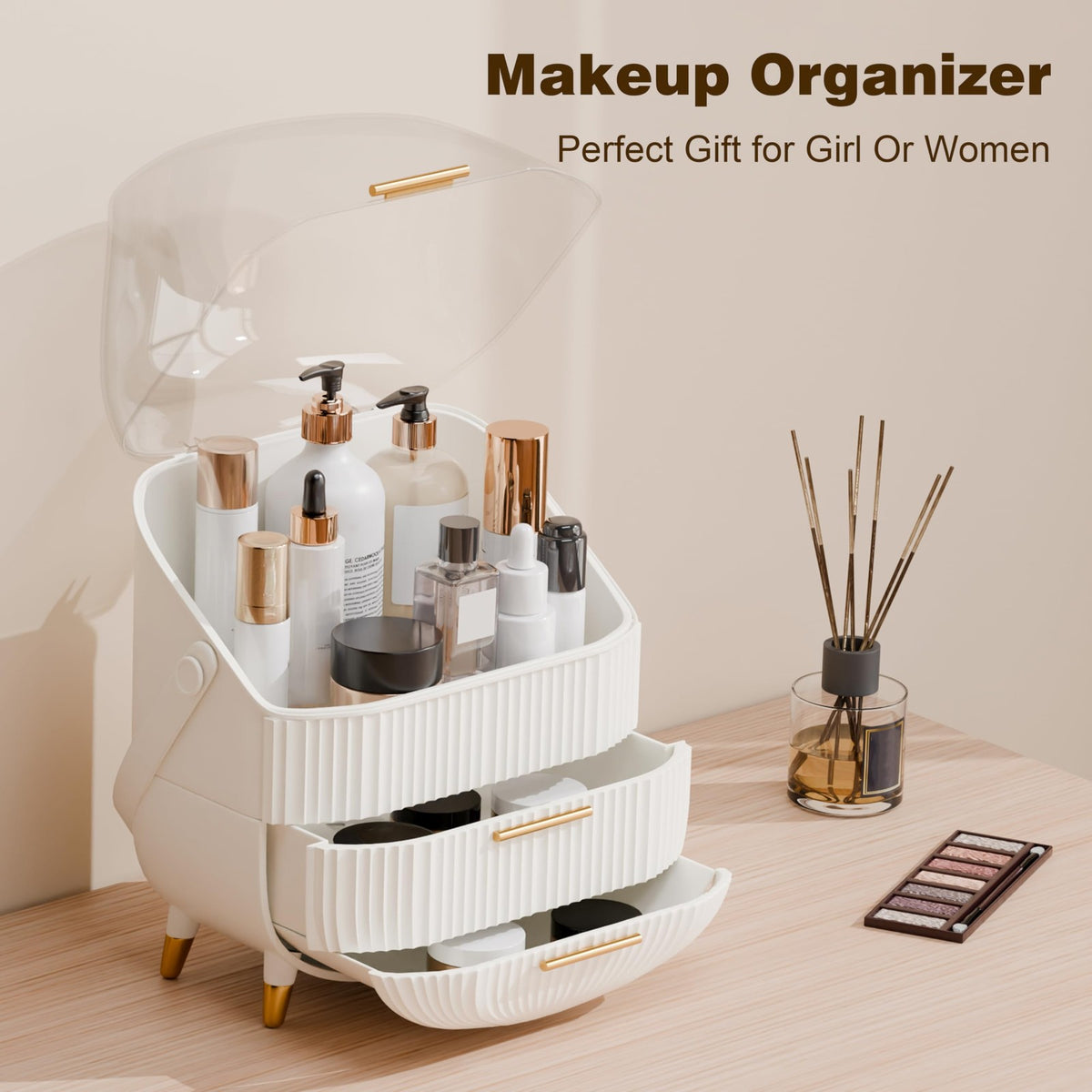 Lurcns Makeup Organizer Storage Cabinet - White, Large Capacity