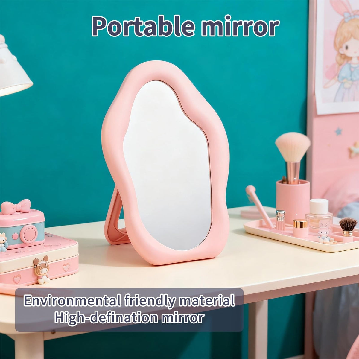 Cloud-Shaped Portable Makeup Mirror - Pink, Folding Travel Vanity