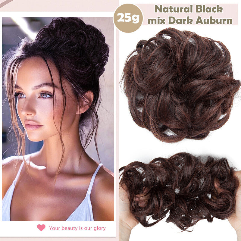 Natural Human Hair Messy Bun Ponytail Extensions with Curly Scrunchie Updo