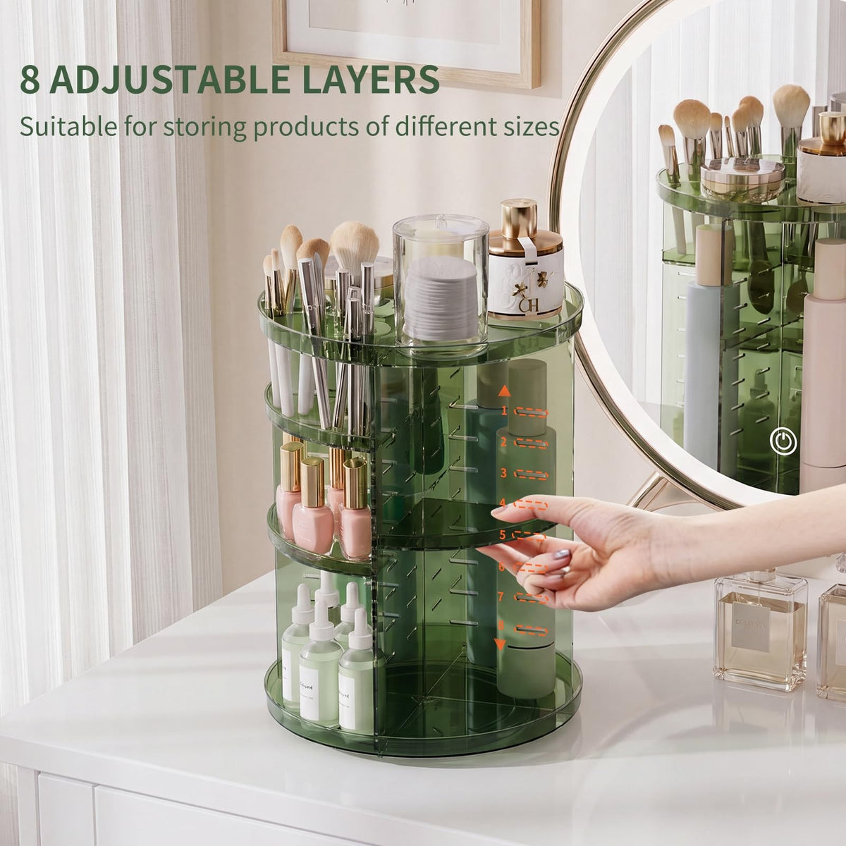 Rotating Makeup Organizer with Adjustable Layers - Clear Green, 360° Silent Spin