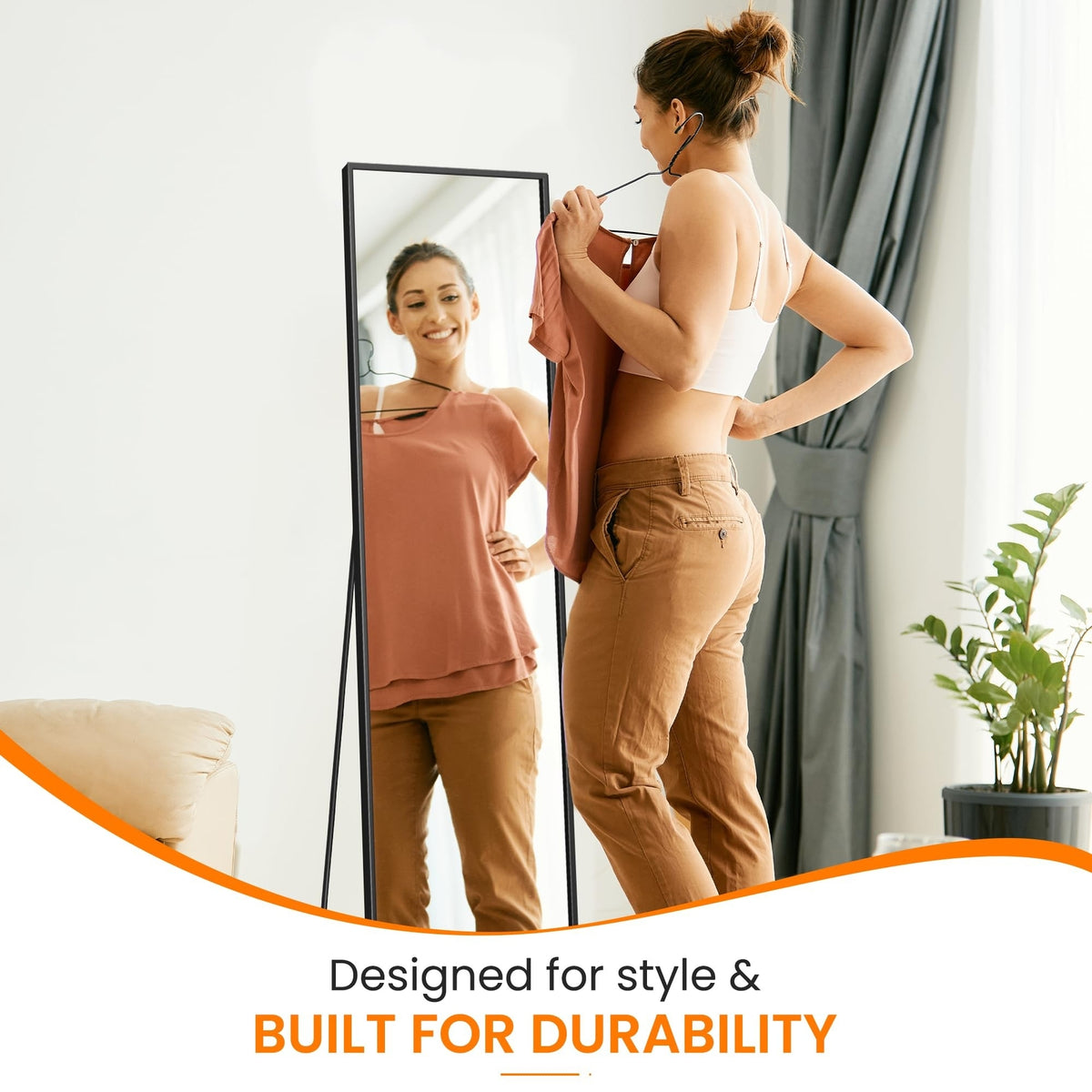 Full Length Floor Mirror 56 x 15 Inches with Aluminum Frame - Standing & Wall Mountable